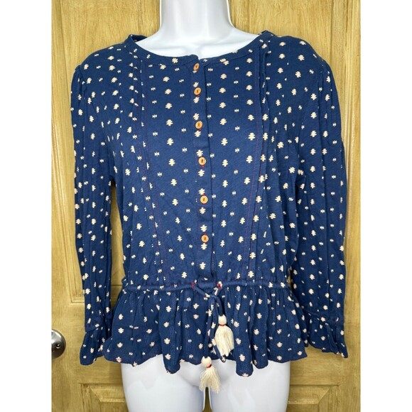 Lucky Brand Womens Top Size S Boho Peasant Cottagecore Blue Aztec - Picture 1 of 10